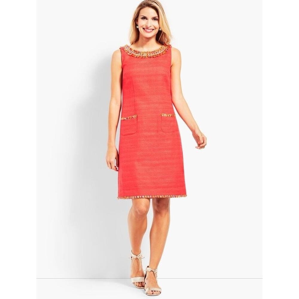 Talbots Textured Coral Quiet Luxury Tweed Sleeveless Fringe-Neck Shift Dress 4